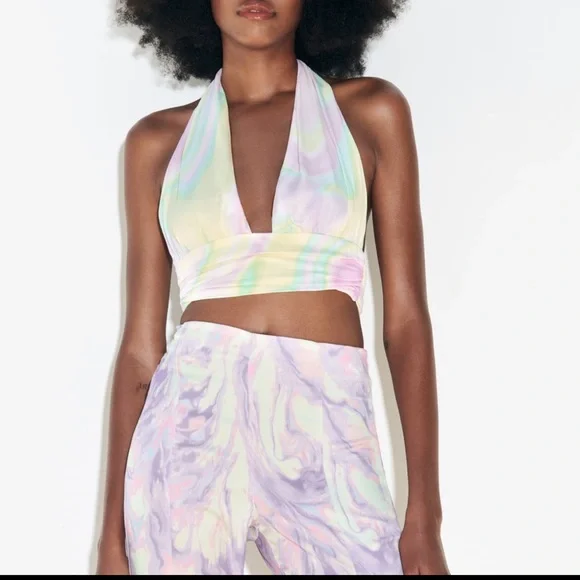 Zara cut out  satin effect pastel tie dye flare pants ,Barbie core - Picture 2 of 8